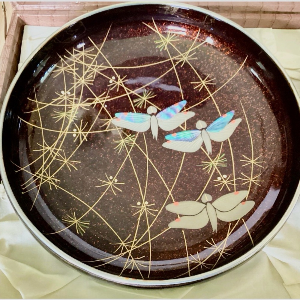 Japanese Nara Arai Lacquerware Urushi 5 Pc Serving Set Inlay MOP Dragonflies - Picture 2 of 9